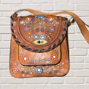 Vintage 70s Tooled Leather Crossbody Bag Artisan Boho Western Hippie